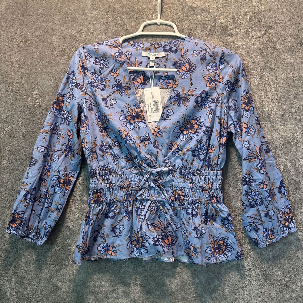 NWT NEW Derek Lam 10 Crosby Blue Floral Cotton Smocked Peplum Top Size 2